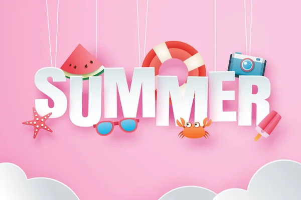 Hola verano con decoración de origami colgando en el cielo rosa — Archivo Imágenes Vectoriales
