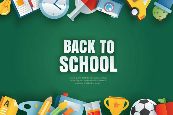 Back to school banner with education items on green chalkboard — Stock Vector