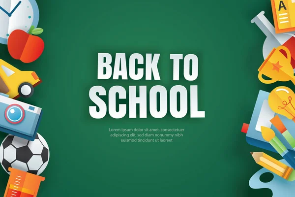 Yeşil tebeşir tahtası üzerinde eğitim öğeleri ile okul afiş geri — Stok Vektör