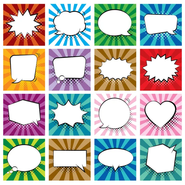 Set of comic speech bubbles on colorful background and halftone — Stock Vector