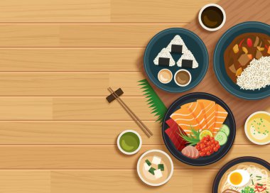 Japon yemekleri üst manzara ahşap arka planda.