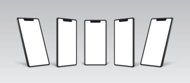 Akıllı telefon düzenleme siyah çerçeve beyaz boş ekran farklı açılar görünümlü.