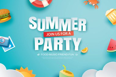 Dekorasyon origamisi ile yaz partisi davetiyesi pankartı. Kağıt sanatı ve zanaat stili.