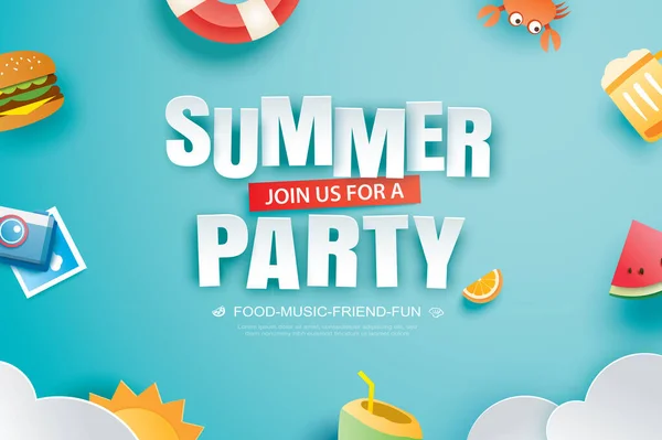 Літній Банер Запрошення Вечірку Прикрасою Орігамі Паперове Мистецтво Стиль Ремесел — стоковий вектор
