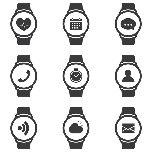 Iconos Reloj Inteligente Conjunto Con Rastreador Fitness Aplicaciones Para Sincronización — Vector de stock