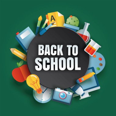 Eğitim öğeleri ve kağıt sanatı tarzında metin ile okul afişine geri dön.