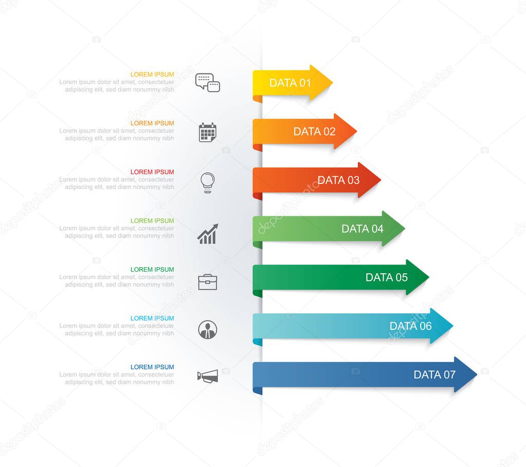 7 data infographics tab paper index and arrow template. Vector illustration abstract background. Can be used for workflow layout, business step, banner, web design.