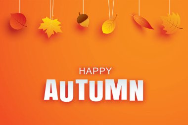 Turuncu arka planda yaprakları olan mutlu sonbahar kağıt sanatı. Tebrik kartı veya davet için kullan.