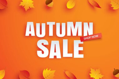 Turuncu arka planda kağıt sanatında yapraklarla sonbahar indirimi.