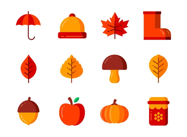 Hösten Ikon Set Med Platt Färg Stil Symboler För Webbplats — Stock vektor
