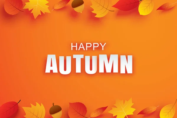 Šťastný Podzimní Papír Styl Umění Listy Visí Oranžovém Pozadí Použít — Stockový vektor
