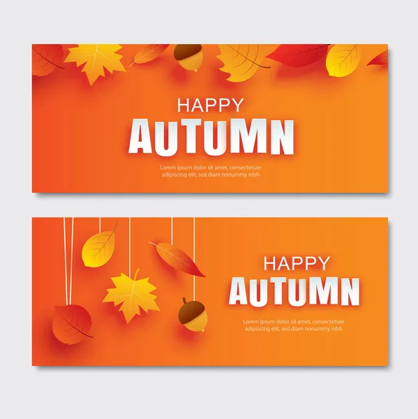 Šťastný Podzimní Papír Styl Umění Listy Visí Oranžovém Pozadí Použít — Stockový vektor
