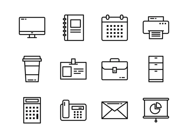 Icono Oficina Establecer Estilo Contorno Símbolos Para Sitio Web Revista — Vector de stock