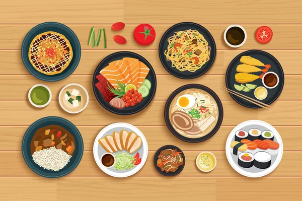 Nourriture Japonaise Sur Fond Bois Vue Dessus — Image vectorielle