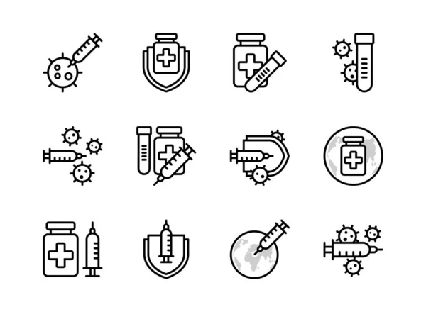 Icono Vacuna Covid Establece Estilo Del Esquema Signo Símbolo Para — Archivo Imágenes Vectoriales