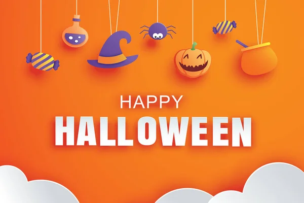 Feliz Halloween Con Diseño Elementos Arte Papel Para Tarjeta Felicitación — Vector de stock