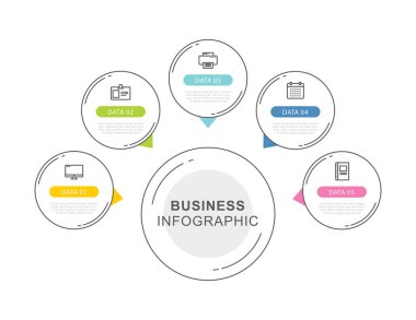 İnce çizgi tasarımlı 5 daireli veri zaman çizelgesi bilgi şablonu. Vektör illüstrasyon soyut arkaplan. İş akışı düzeni, iş adımı, afiş, web tasarımı için kullanılabilir.