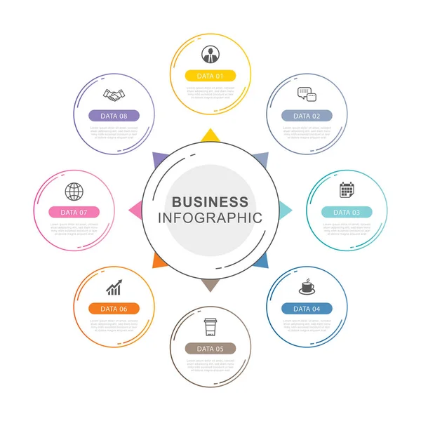 Plantilla Infografías Línea Tiempo Datos Círculos Con Diseño Línea Delgada — Archivo Imágenes Vectoriales