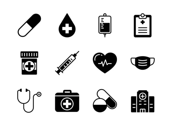 Ikona Lékařství Zdravotní Péče Nastavuje Styl Glyfu Symboly Pro Webové — Stockový vektor