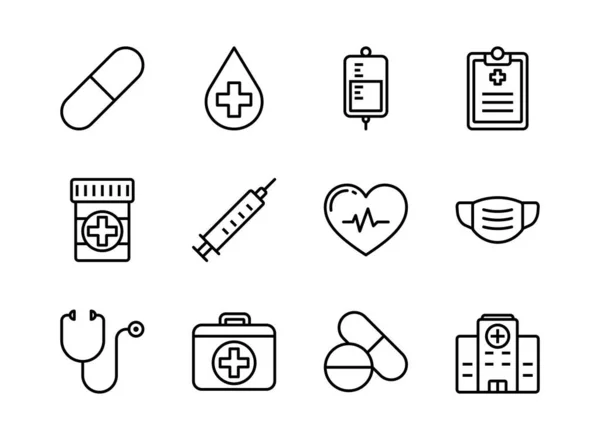 医療と医療のアイコンはアウトラインスタイルを設定します ウェブサイト アプリ デザインのシンボル — ストックベクタ