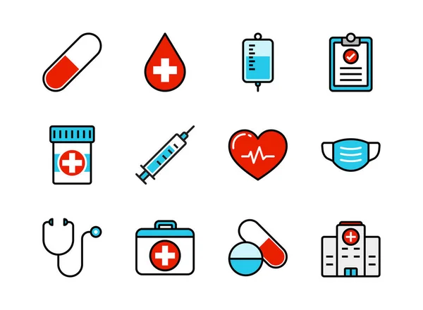 Icono Médico Atención Médica Establecer Estilo Línea Color Símbolos Para — Archivo Imágenes Vectoriales