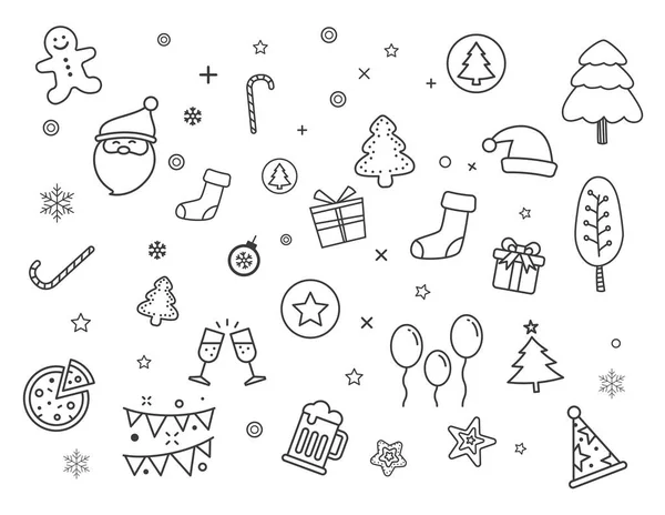 Set Van Vrolijk Kerstelement Symbool Doodle Stijl — Stockvector