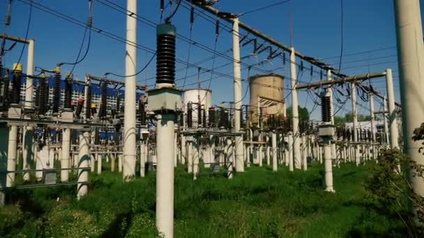 Electricity power plant with many wires and power convertors — Stock Video