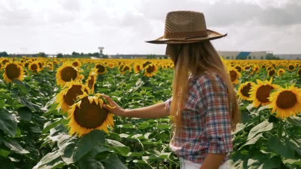 Mutlu çiftçi kız ayçiçeği kontrol başparmak — Stok video