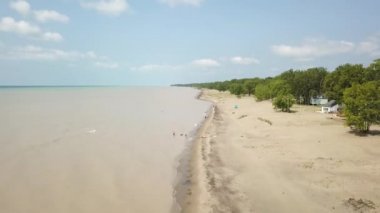 Erie Gölü, plaj ve fırtına sonra bulanık su. Havadan görünümü. 4k
