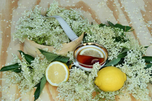 Tea Elderflower Syrup Wooden Background Fresh Flower — Stock Photo, Image