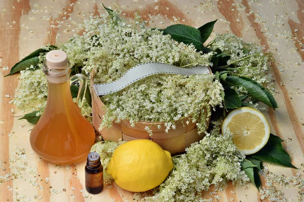 Health Tea Lemon Elderberry Flowers Wooden Table — Stock Photo, Image