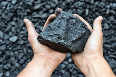 İşçi mayın ellerinde kömür. Resim kullanmak için kömür madencilik hakkında fikir olabilir enerji kaynağı veya çevre koruma.