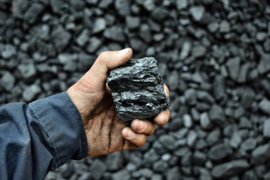 Coal in the hand of worker miner. Picture can be use to idea about coal mining, energy source or environment protection. clipart
