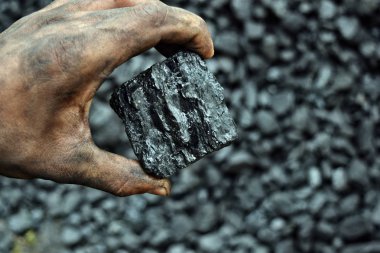 İşçi madenci elinde kömür. Resim kullanmak için kömür madencilik hakkında fikir olabilir enerji kaynağı veya çevre koruma.