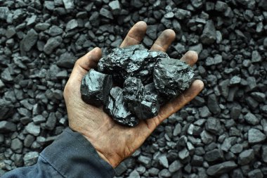 İşçi madenci elinde kömür. Resim kullanmak için kömür madencilik hakkında fikir olabilir enerji kaynağı veya çevre koruma.