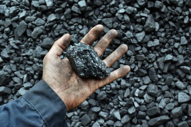 İşçi madenci elinde kömür. Resim kullanmak için kömür madencilik hakkında fikir olabilir enerji kaynağı veya çevre koruma.