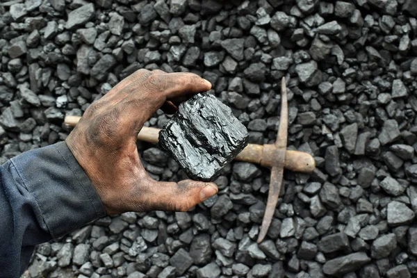 Die Hand Des Bergarbeiters Zeigt Kohle Bergwerk Bild Kann Für — Stockfoto