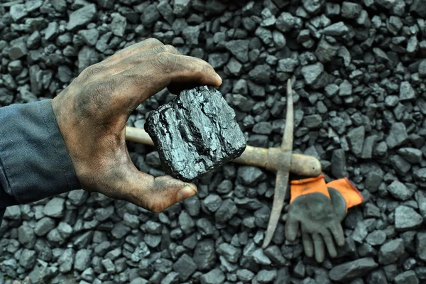 Die Hand Des Bergarbeiters Zeigt Kohle Bergwerk Bild Kann Für — Stockfoto