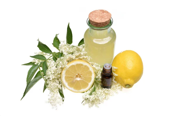 Preparated Oil Juice Lemon Elderflower Isolated White Background — Stock Photo, Image