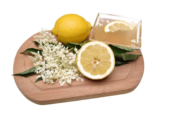 Preparated Oil Juice Lemon Elderflower Isolated White Background — Stock Photo, Image