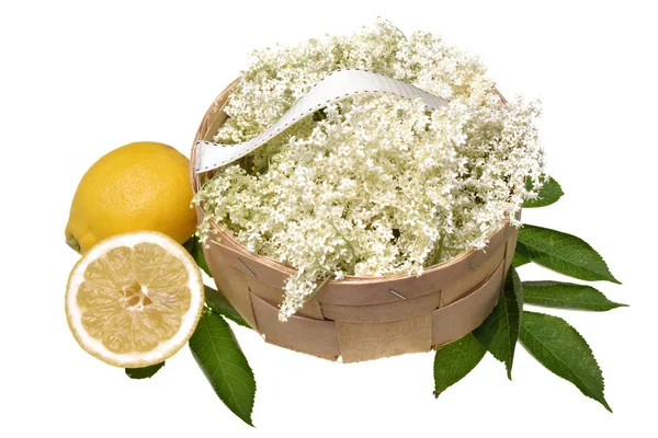 Elderflower Lemons Wooden Basket Isolated White Background — Stock Photo, Image
