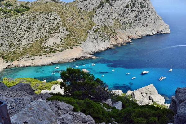 Turkuaz suyu, plajı ve dağları olan güzel bir deniz koy, Kaptan Formentor 'da Cala Figuera, Mallorca, İspanya