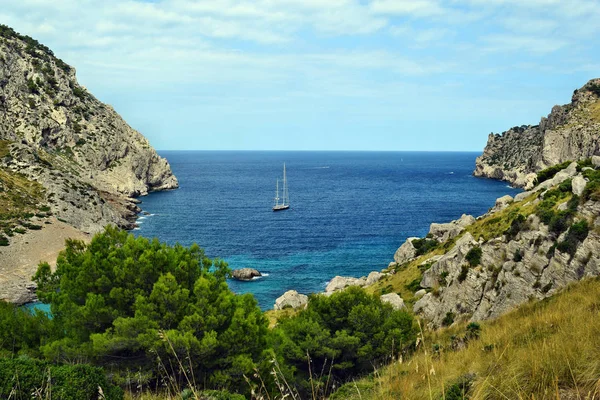 Deniz turkuaz su, plaj ve dağlar, defne Cala Figuera Cap Formentor üzerinde