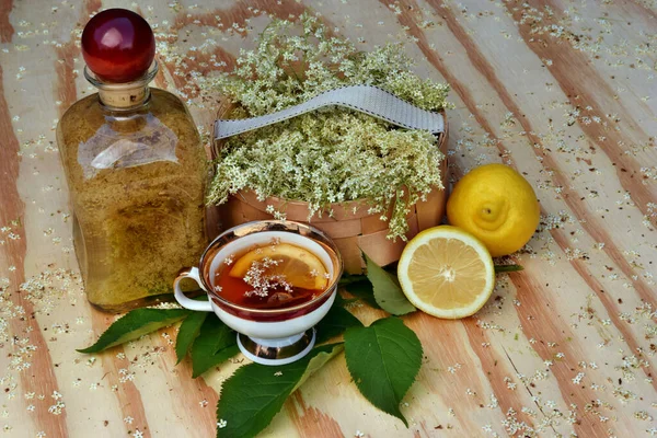 Health Drink Elderberry Flowers Wooden Table — Stock Photo, Image