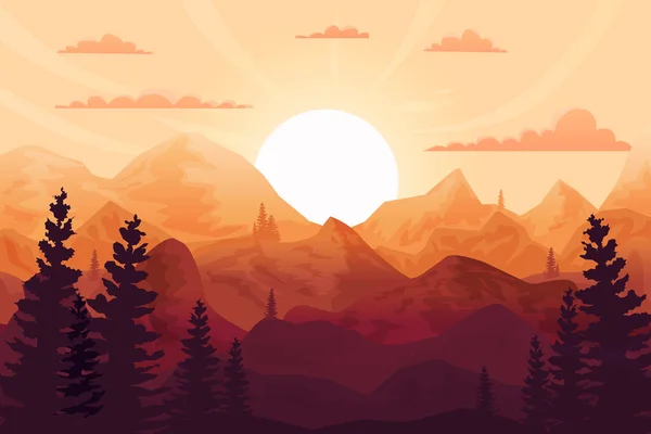 Sunset in the mountains, beautiful landscape, big sun, forest silhouette. Can be used as background and wallpaper.