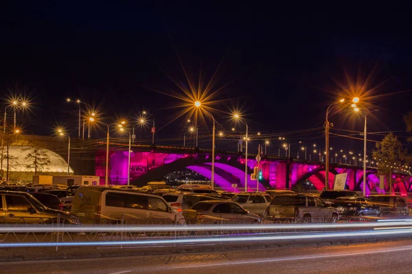 Огни Красноярска Мост Через Енисей — стоковое фото