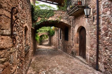 Bir ortaçağ köyünde Arnavut kaldırımlı sokak