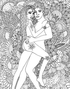 Sayfa illüstrasyon çiçeklerle çevrili aşık bir çiftin boyama, çizilmiş doodle sanat tekniği.