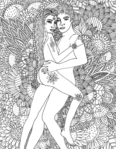 Coloring page illustration of a couple of lovers surrounded by flowers, drawn in doodle art technique.