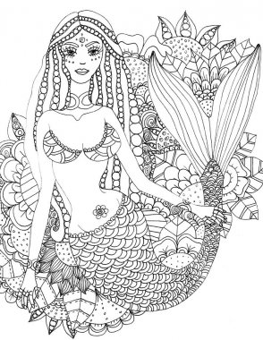 Mermaid Çiçek, yazdırılabilir boyama sayfası, dijital damga, çizim, illüstrasyon